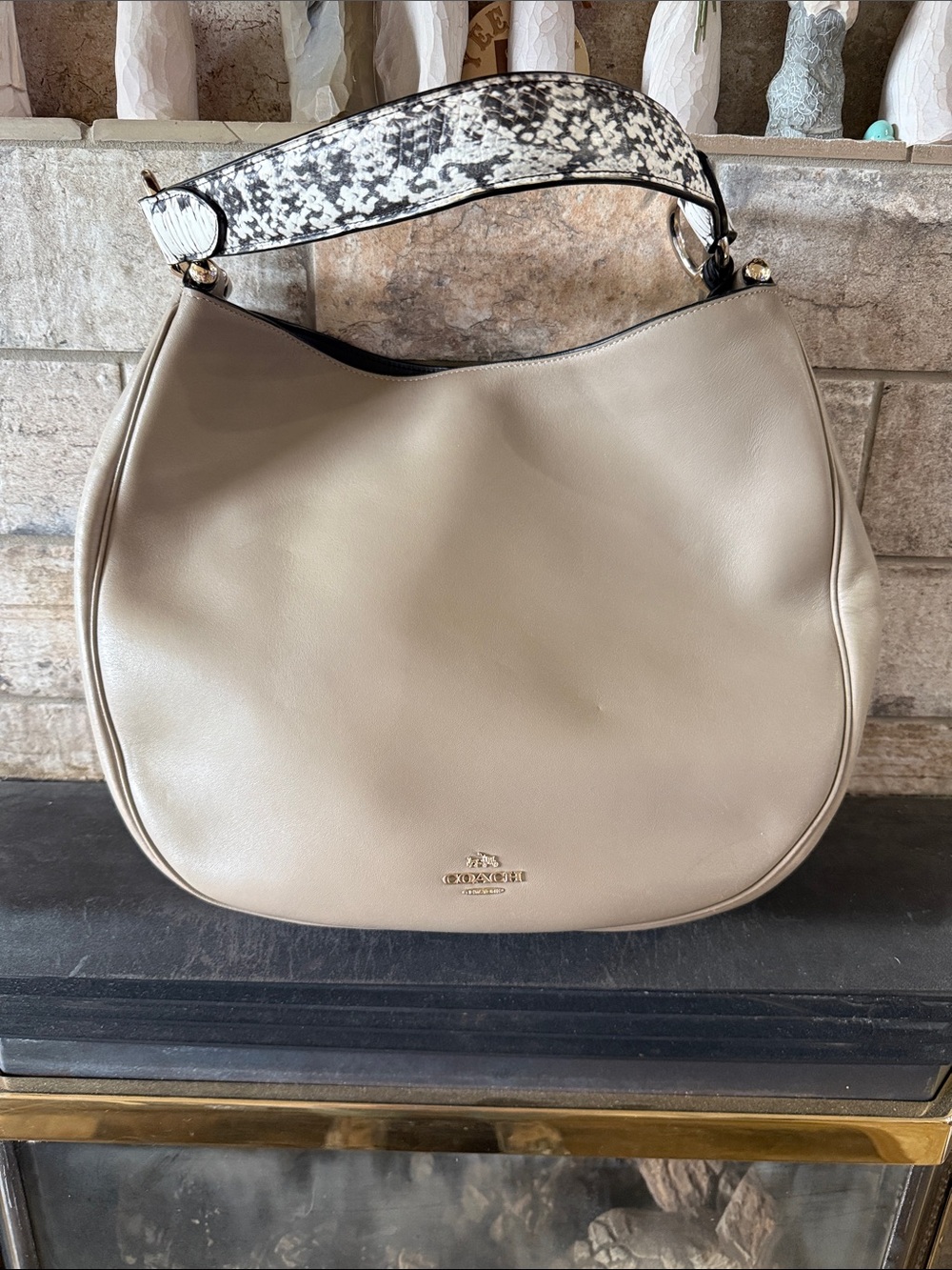 Coach Nomad Taupe Leather Hobo Bag with Snake-Print Strap